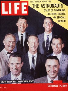 Cover of LIFE magazine dated 09-14-1959, w. logo & group portrait of Project Mercury astronauts (R-L): Top: Walter Schirra; Alan Shepard; Middle: John Glenn; Scott Carpenter; Donald Slayton; Bottom: Leroy Cooper; Virgil Grissom.